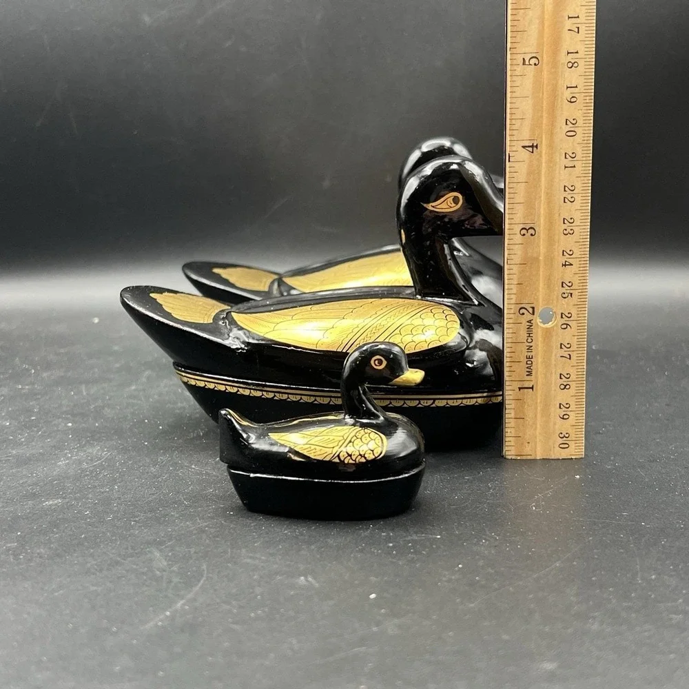 Vintage Black And Gold Gilded Lacquered Duck Wood Trinket Box Set Family Of 3